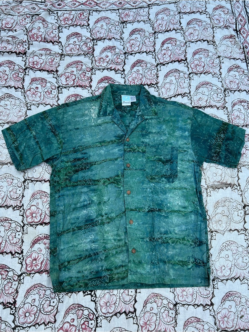 Pura Vida Green Batik Camp Collar Shirt